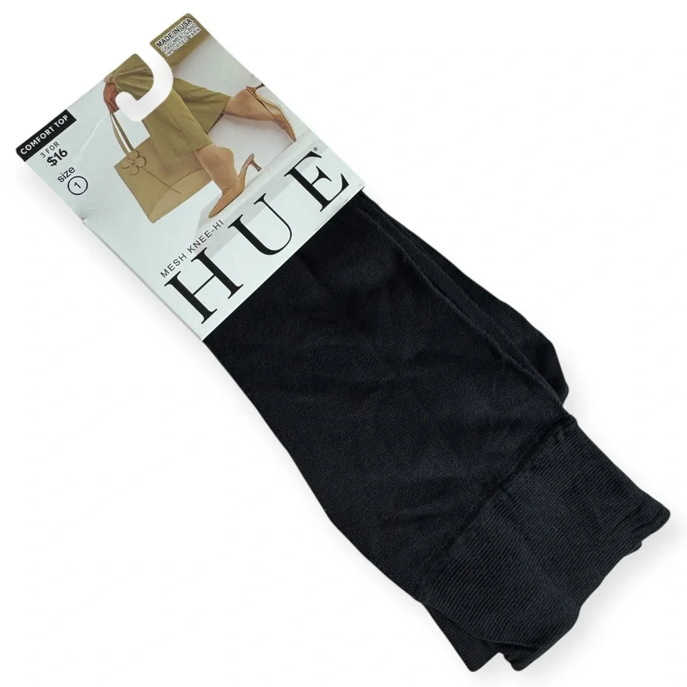 HUE Mesh Knee-Hi‎ Socks Black Comfort Top Size 1 Sheer Hosiery DD0114